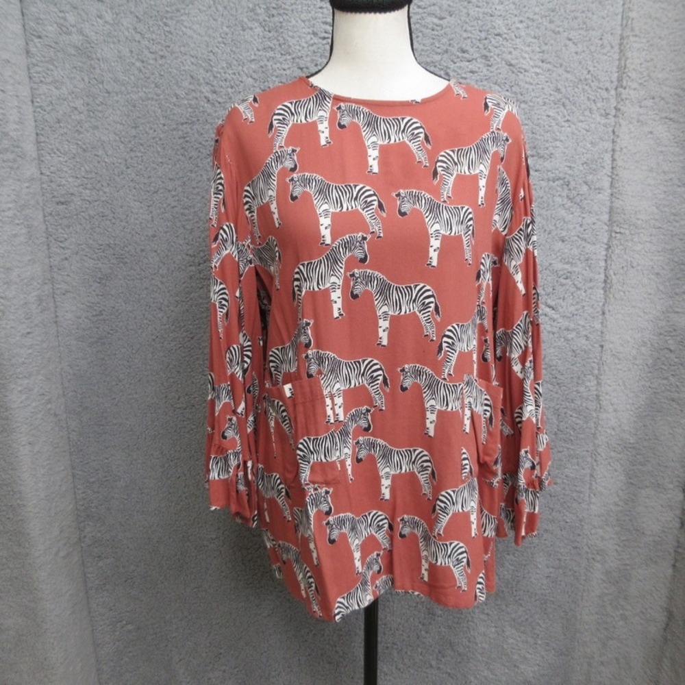 World Market Zebra Animal Graphic Print Top Women L/XL Orange Loose Boho Safari